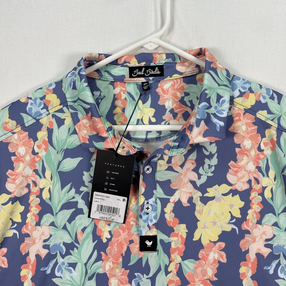 Bad Birdie Core Golf Polo Shirt Mens‎ 2XL Lei'd Floral Performance Stretch NWT